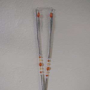 Long Orange/Silver Necklace and Matching Earrings